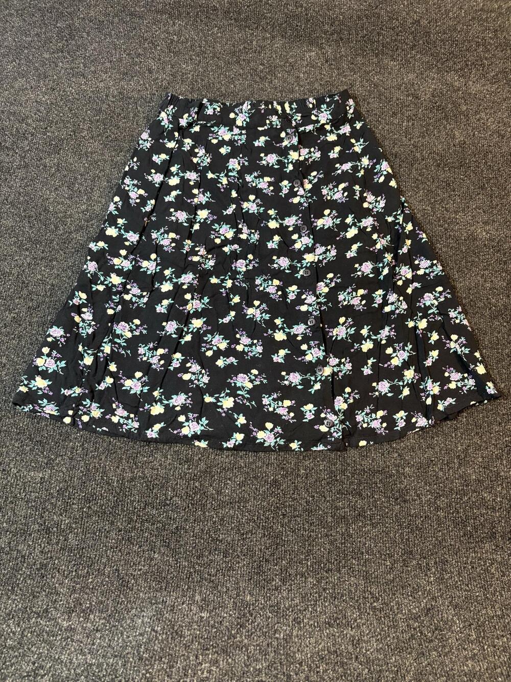 Honors Skirt Womens L Black Floral Button Front Pleated Rayon Midi Casual